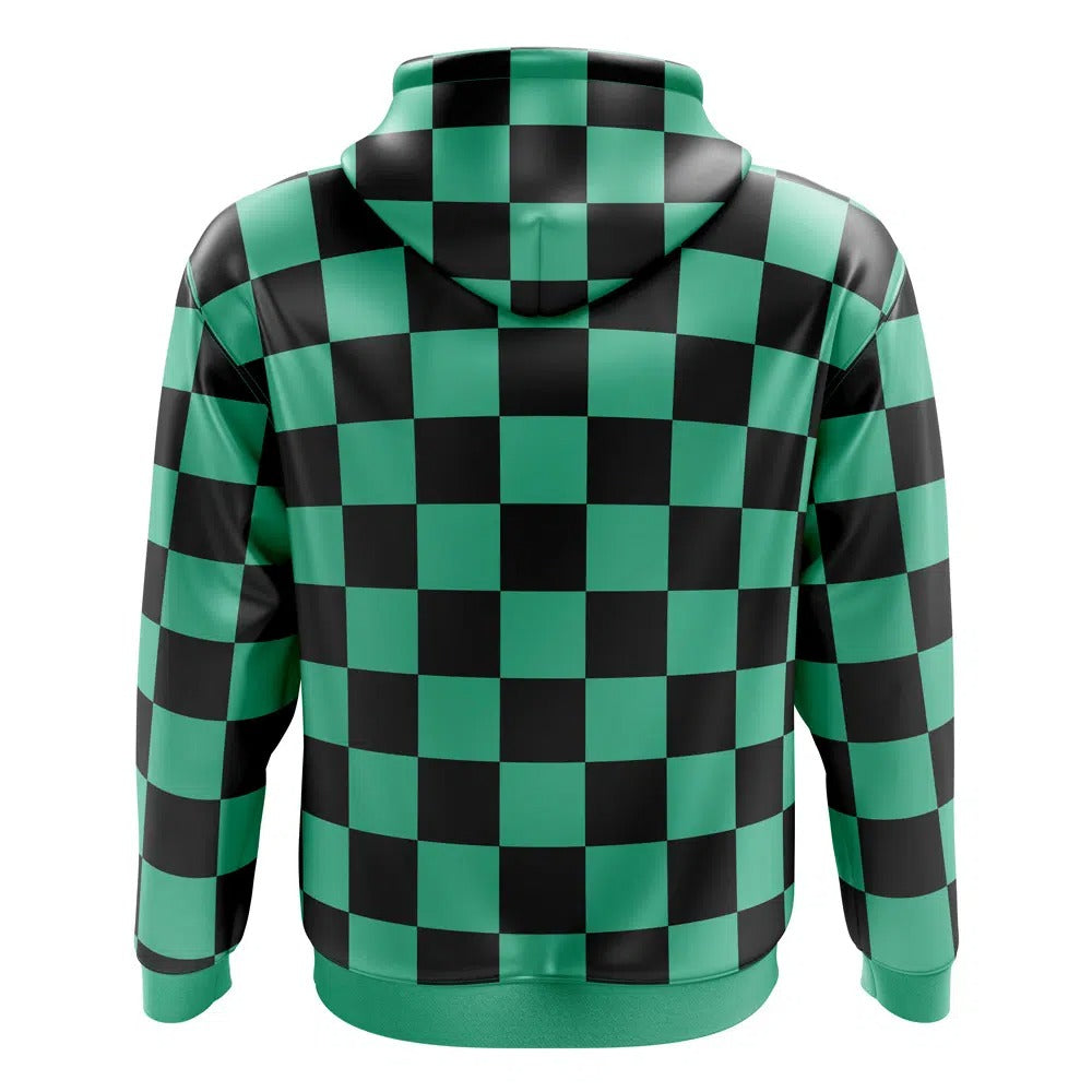 Demon Slayer Tanjiro Green Black Checkered Zip-Up Hoodie