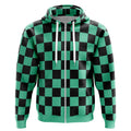 Demon Slayer Tanjiro Green Black Checkered Zip-Up Hoodie