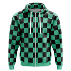 Demon Slayer Tanjiro Green Black Checkered Zip-Up Hoodie