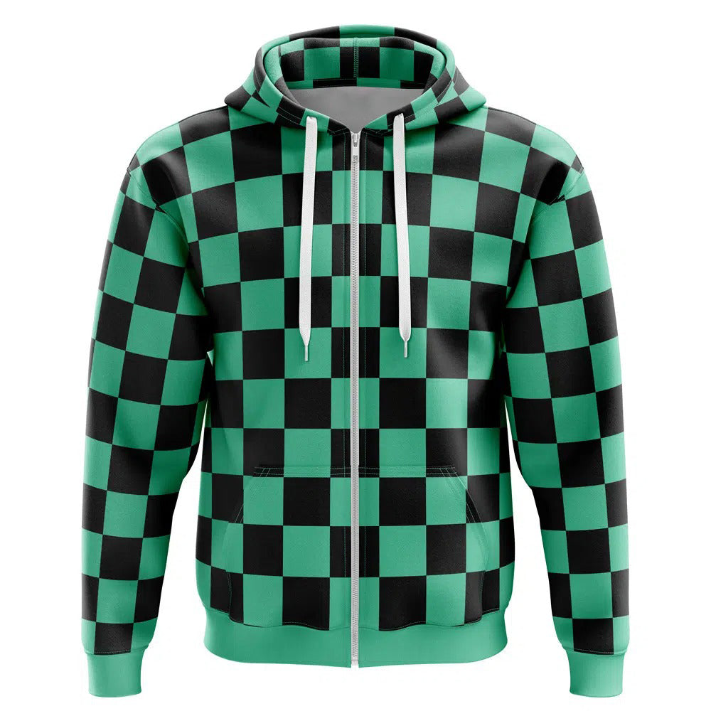 Demon Slayer Tanjiro Green Black Checkered Zip-Up Hoodie