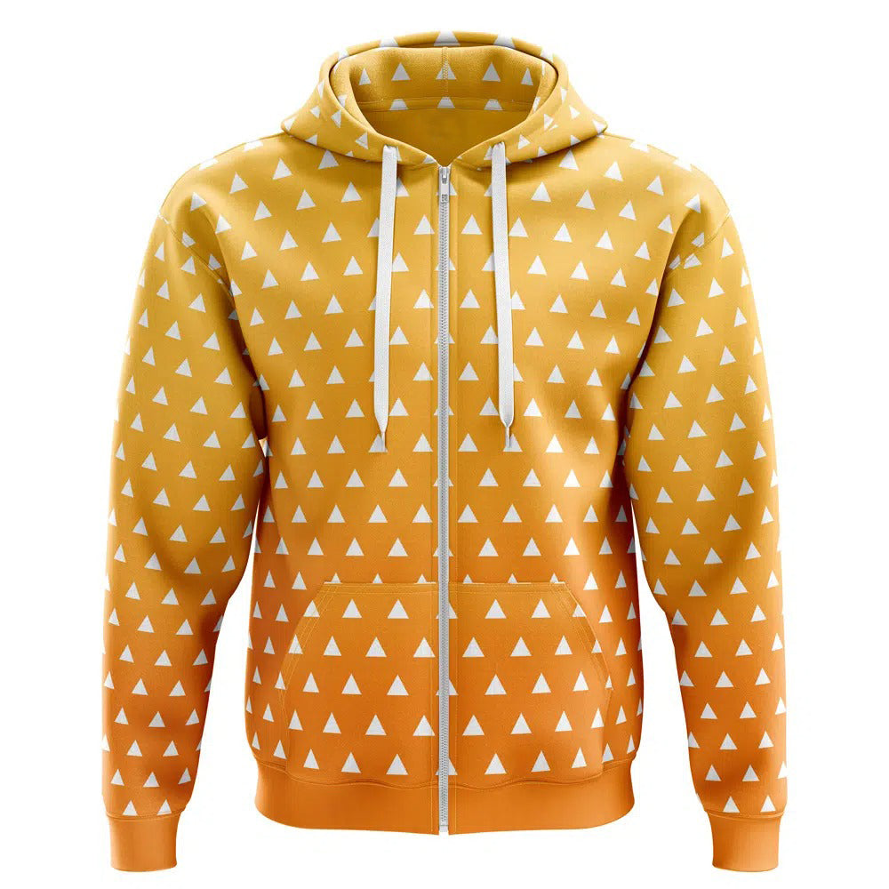 Demon Slayer Zenitsu Yellow White Triangle All-Over Print Zip-Up Hoodie