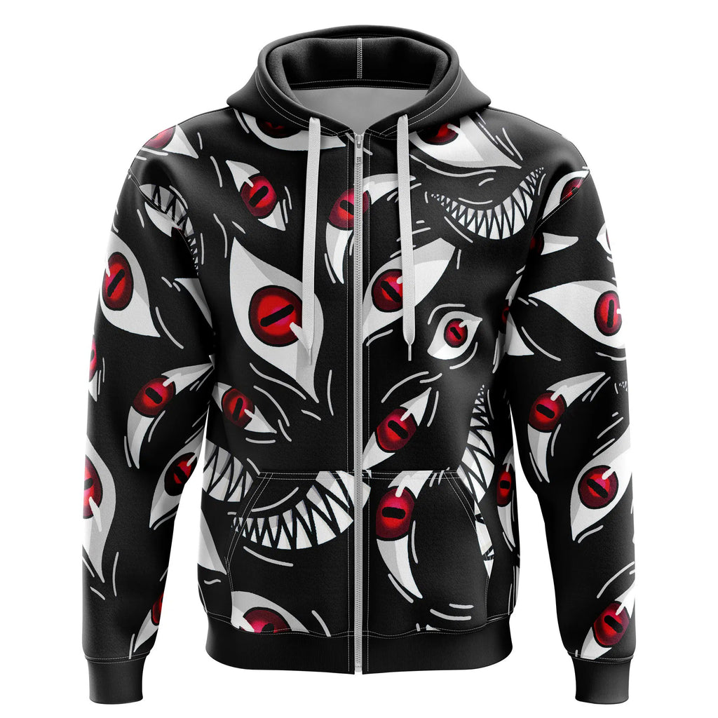 Dark Red Eyes & Fangs All-Over Print Zip-Up Hoodie