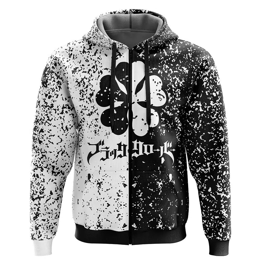 Black & White Splatter Gothic Four-Leaf Clover Zip-Up Hoodie - Dimensional Era