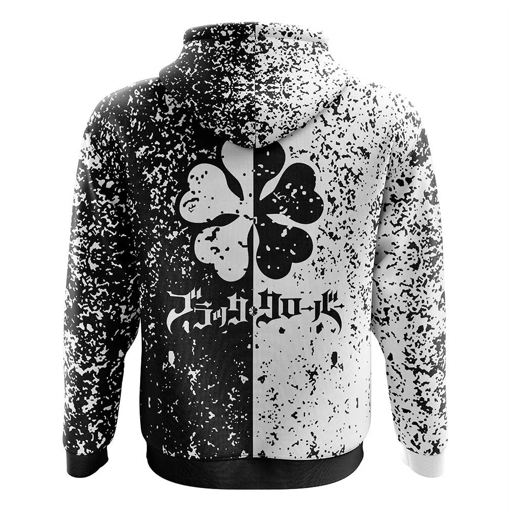 Black & White Splatter Gothic Four-Leaf Clover Zip-Up Hoodie - Dimensional Era