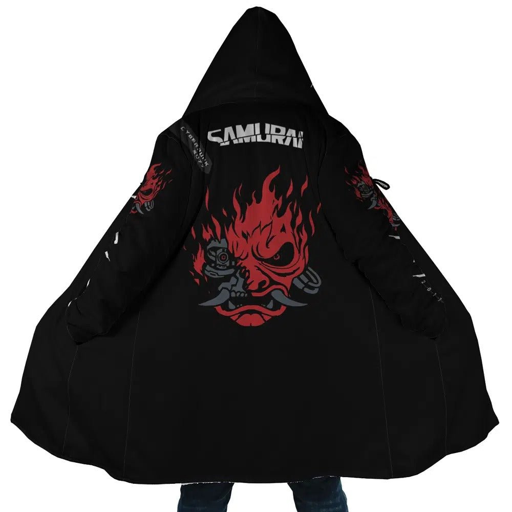 Cyberpunk Samurai Oni Mask Fleece Hooded Cloak - Dimensional Era