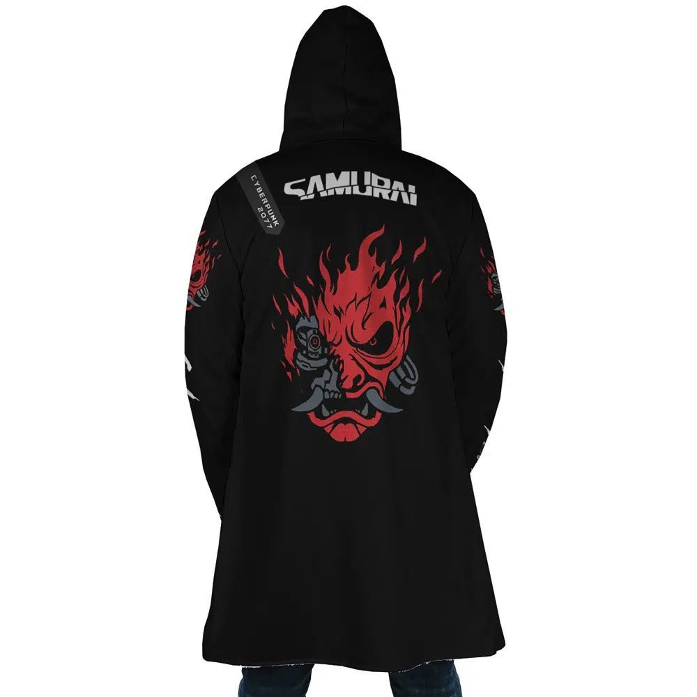 Cyberpunk Samurai Oni Mask Fleece Hooded Cloak - Dimensional Era