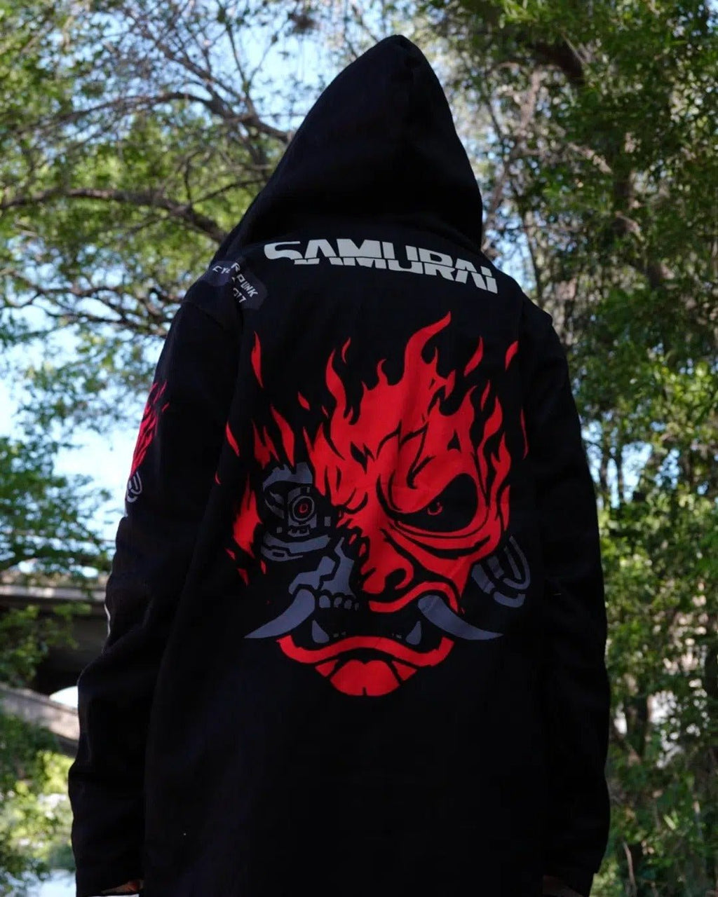 Cyberpunk Samurai Oni Mask Fleece Hooded Cloak - Dimensional Era