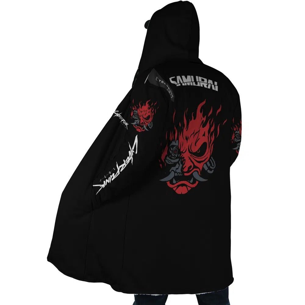 Cyberpunk Samurai Oni Mask Fleece Hooded Cloak - Dimensional Era