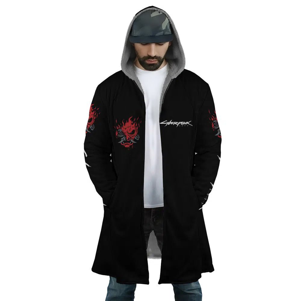 Cyberpunk Samurai Oni Mask Fleece Hooded Cloak - Dimensional Era
