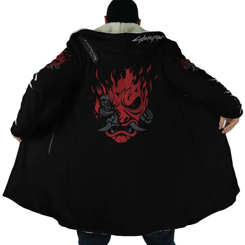 Cyberpunk Samurai Oni Mask Fleece Hooded Cloak - Dimensional Era