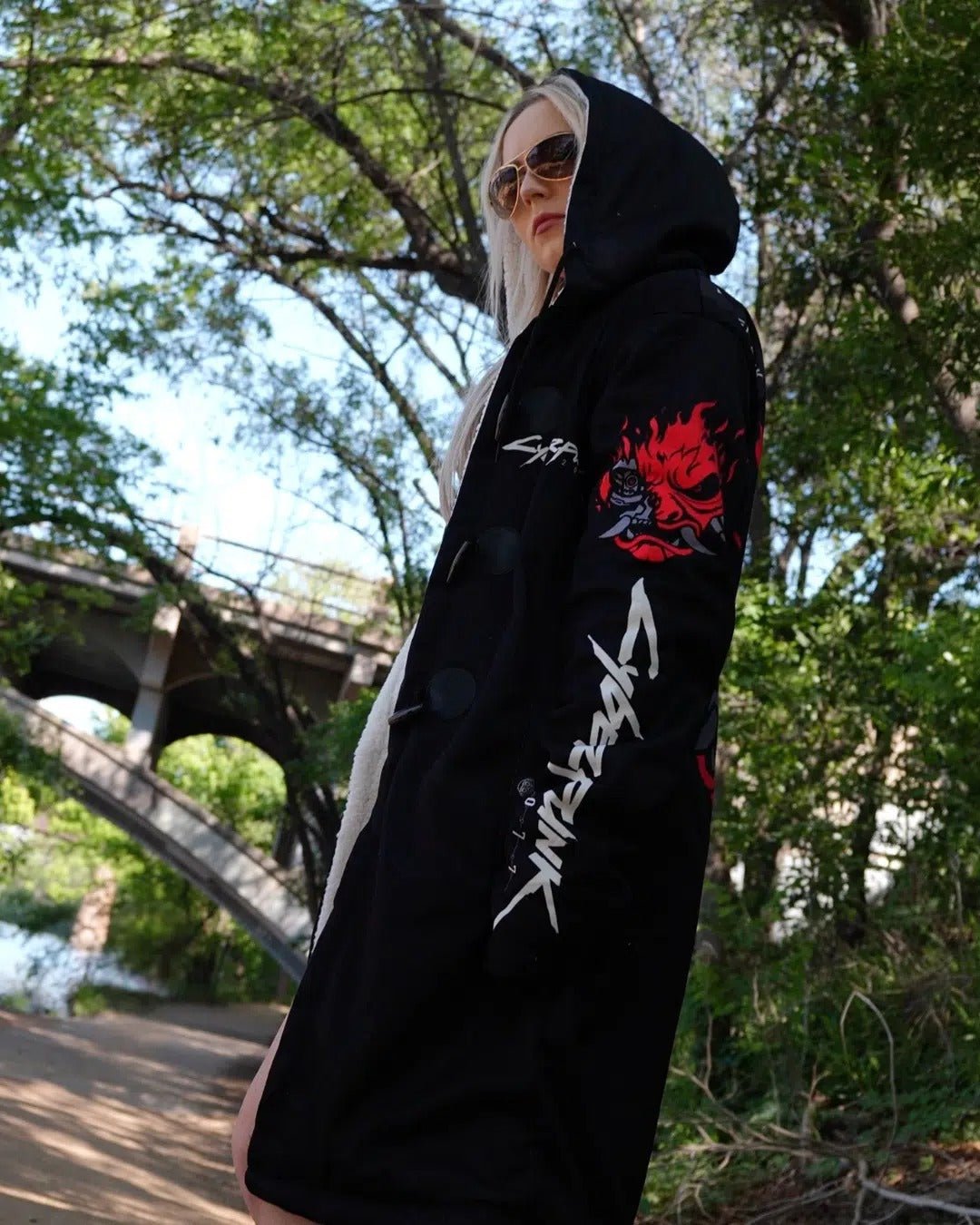 Cyberpunk Samurai Oni Mask Fleece Hooded Cloak - Dimensional Era