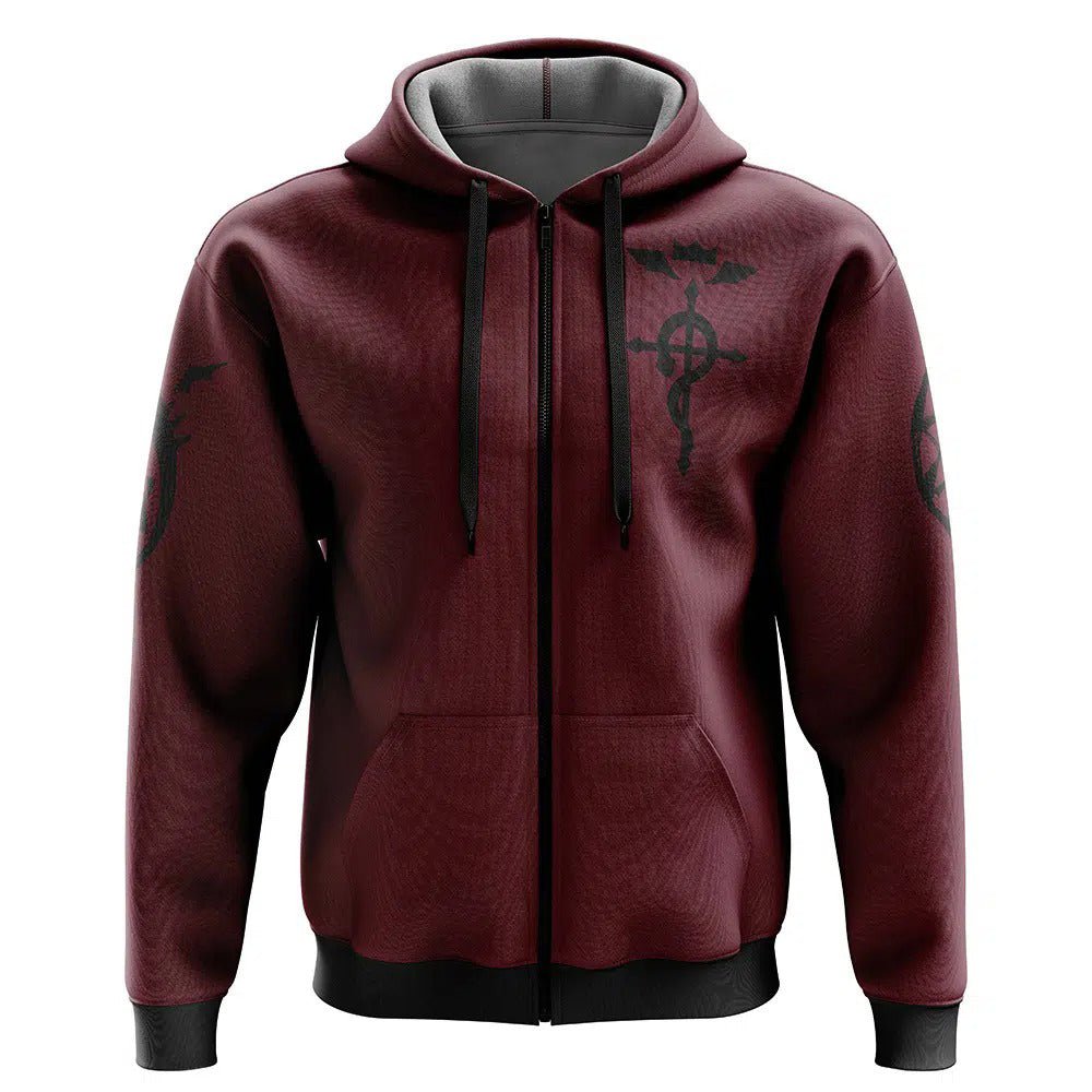 Dark Alchemy Symbol Burgundy Zip-Up Hoodie - Dimensional Era