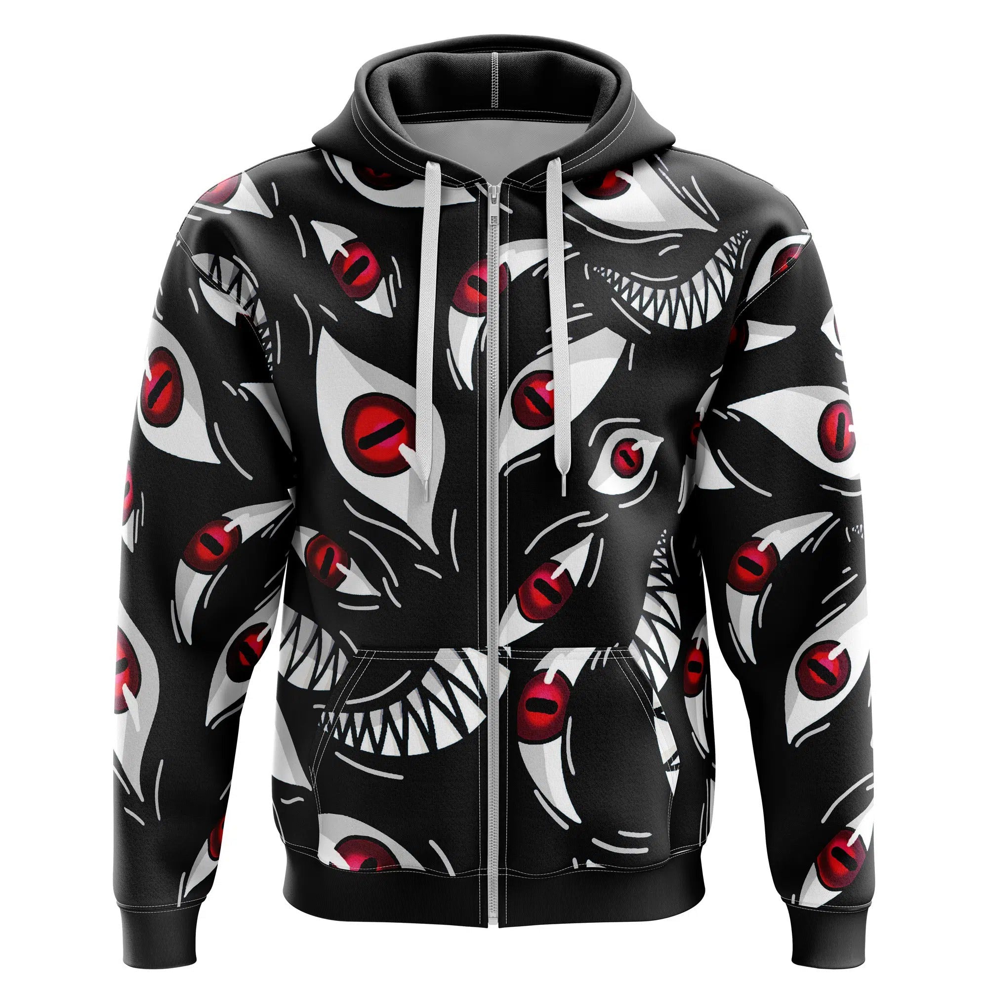 Dark Red Eyes & Fangs All-Over Print Zip-Up Hoodie - Dimensional Era