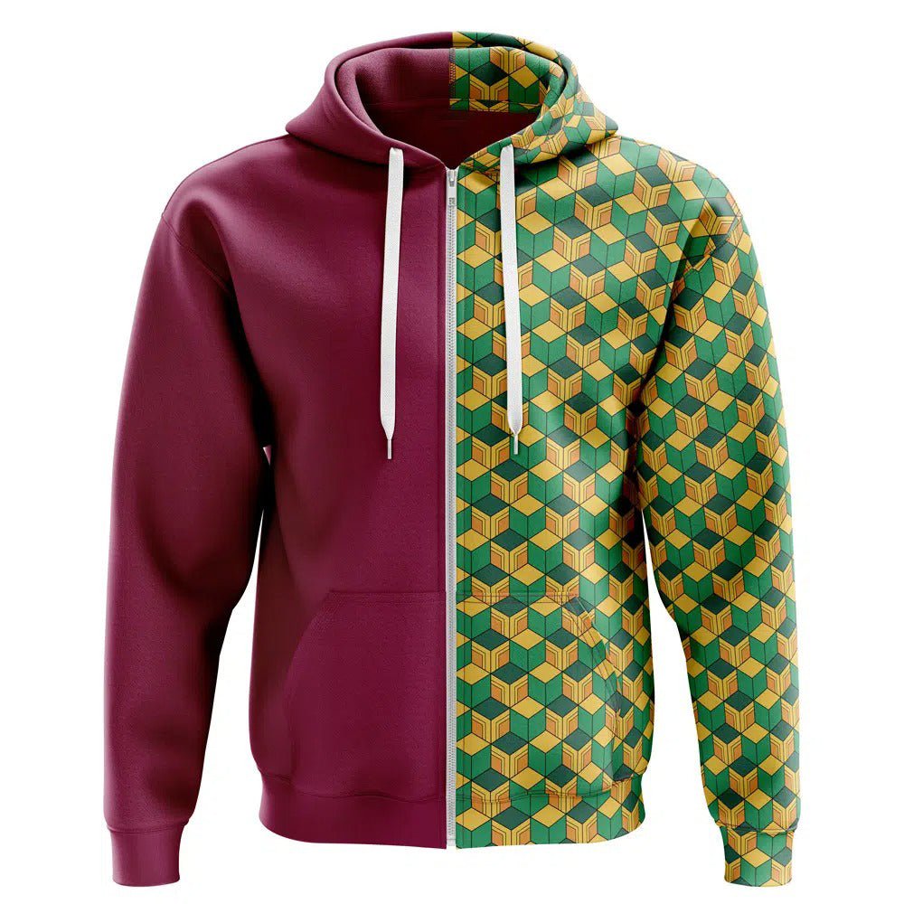 Demon Slayer Giyu Tomioka Geometric Half-and-Half Zip-Up Hoodie - Dimensional Era