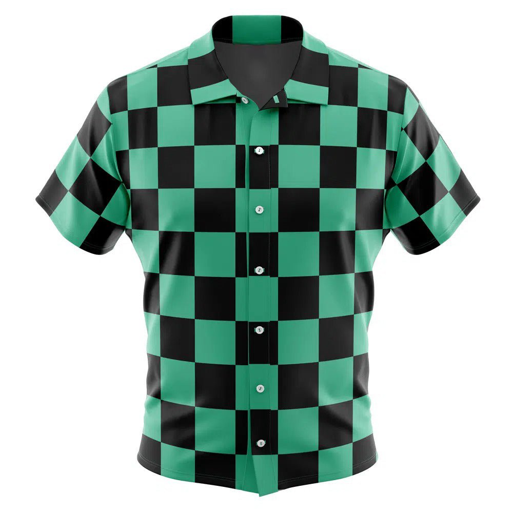 Demon Slayer Tanjiro Black Green Checkered Hawaiian Shirt - Dimensional Era