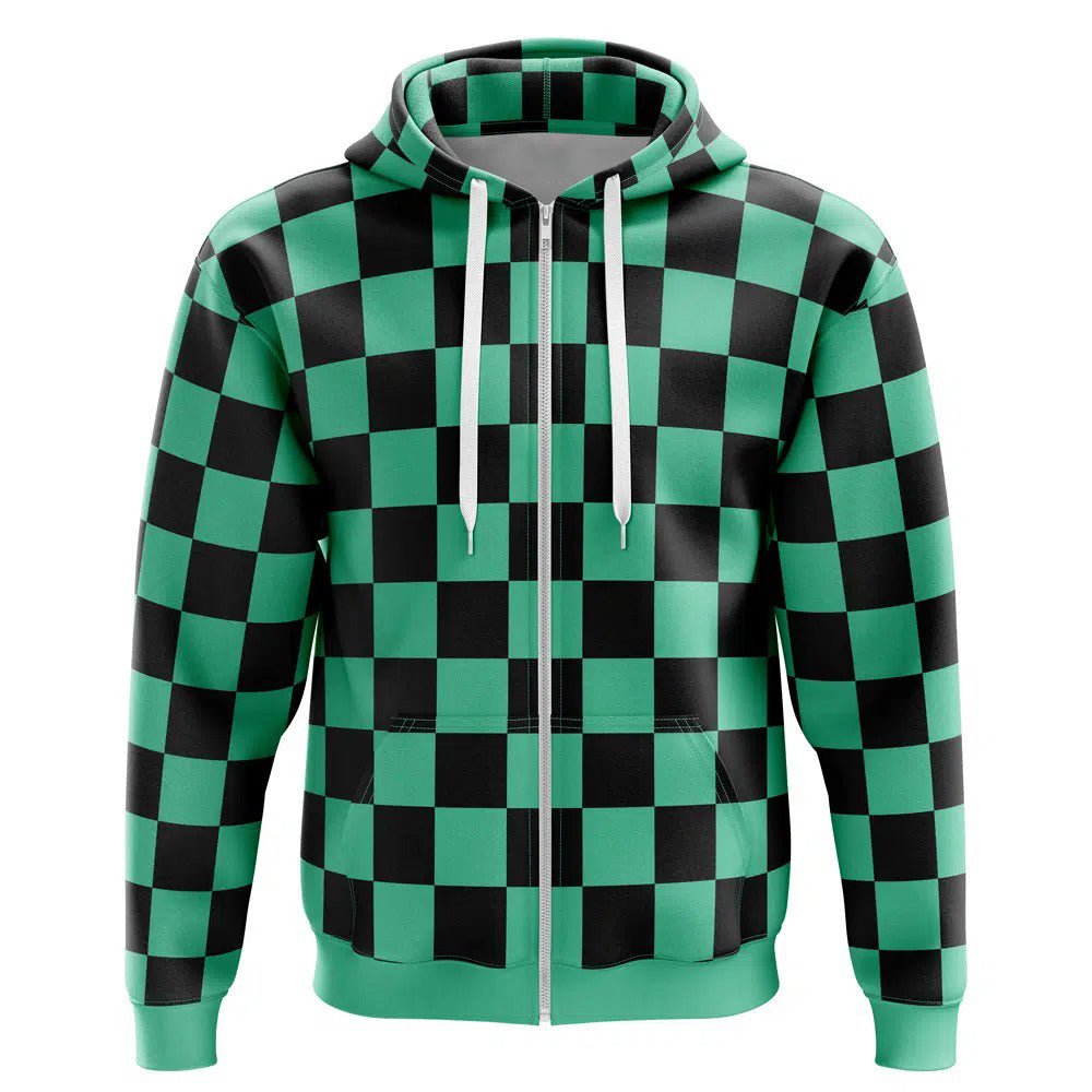 demon-slayer-tanjiro-checkered-zip-hoodie-front-white-zip