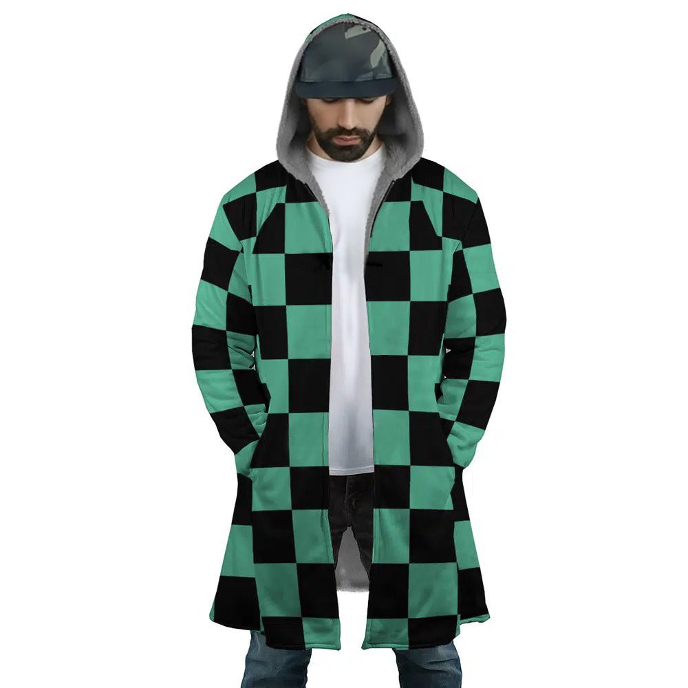 Demon Slayer Tanjiro Green Check Zip Hooded Cloak - Dimensional Era