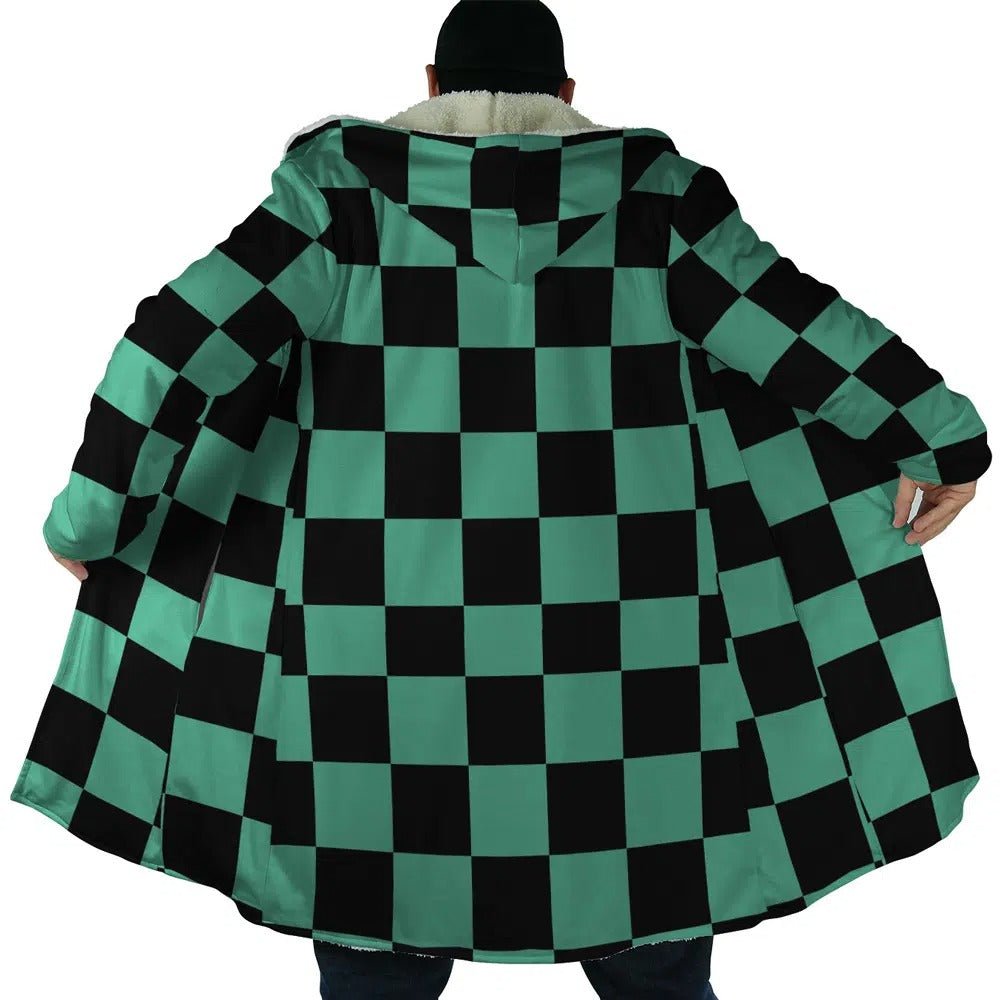 Demon Slayer Tanjiro Green Check Zip Hooded Cloak - Dimensional Era