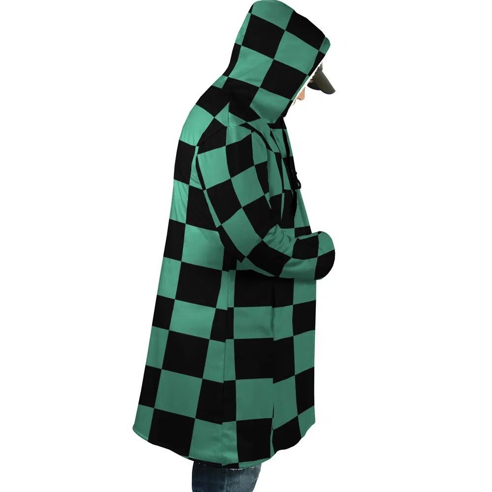 Demon Slayer Tanjiro Green Check Zip Hooded Cloak - Dimensional Era