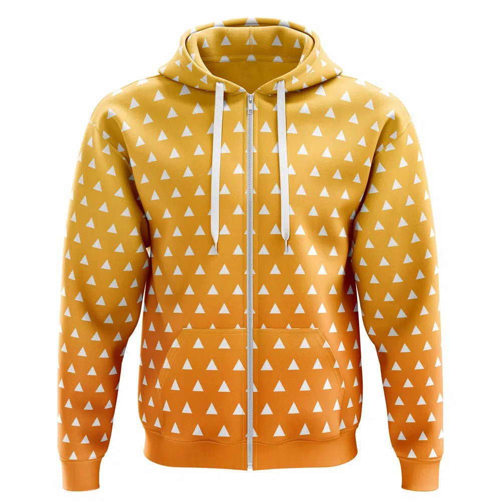Demon Slayer Zenitsu Yellow White Triangle All-Over Print Zip-Up Hoodie - Dimensional Era