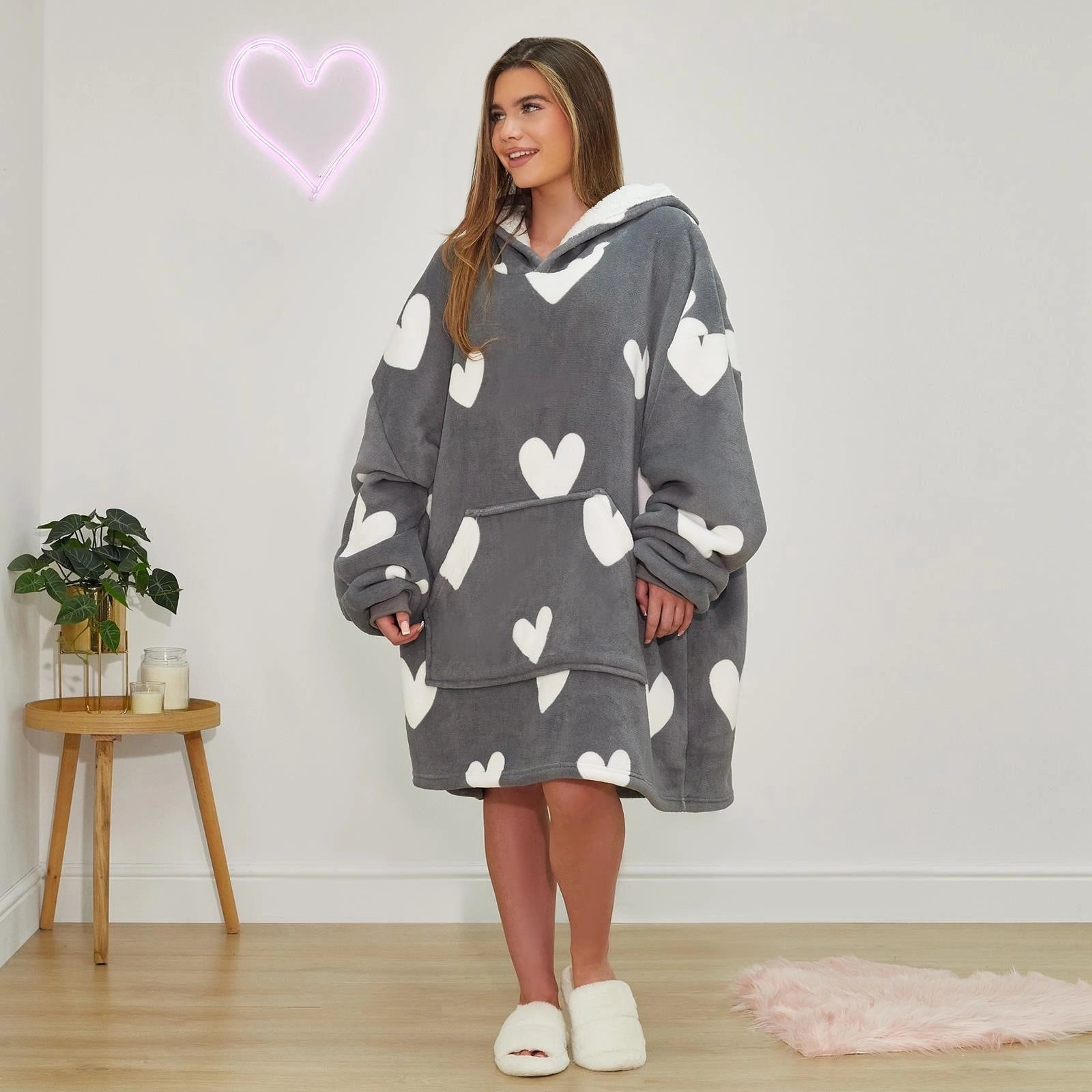 Grey White Heart Valentine Hoodie Blanket - Dimensional Era