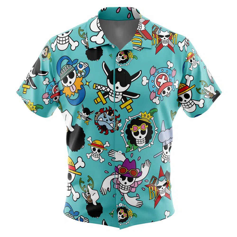One Piece All Crew Jolly Roger Turquoise Hawaiian Shirt - Dimensional Era