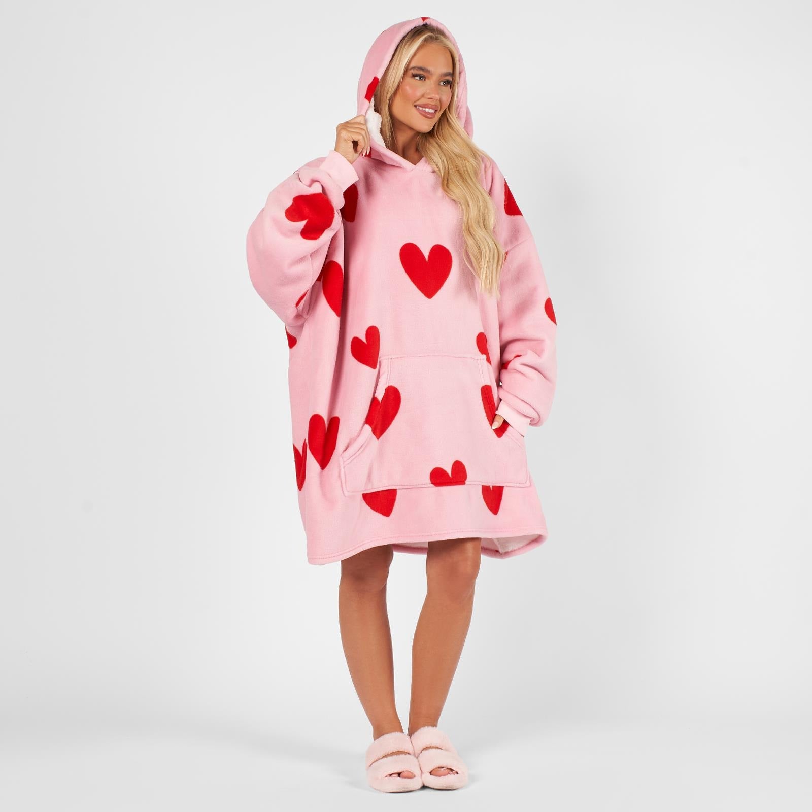 Pink Red Heart Valentine Hoodie Blanket - Dimensional Era
